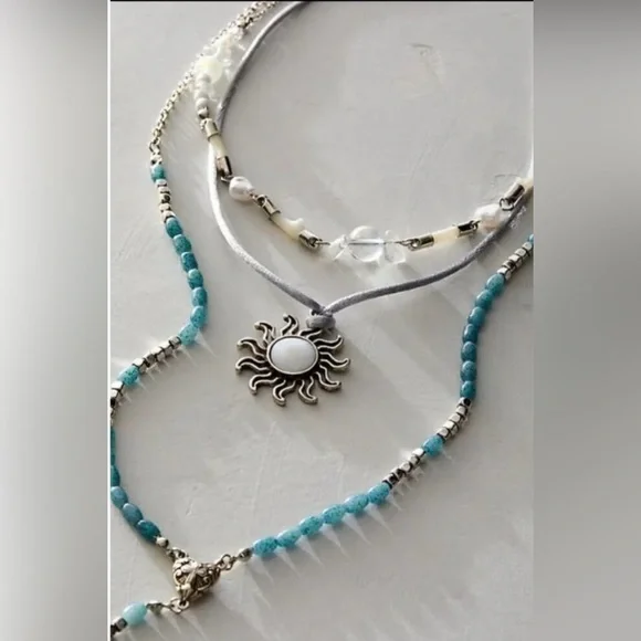 Free People One With The Sun Blue Layered Necklace Sunburst Pendant Beaded Chain - Picture 5 of 13